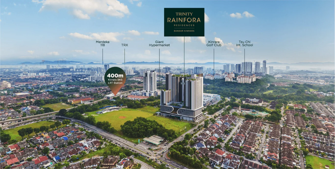 Aerial artist's impression showing Trinity Rainfora in Bandar Kinrara with the 400 metre distance to Kinrara BK5 LRT station marked