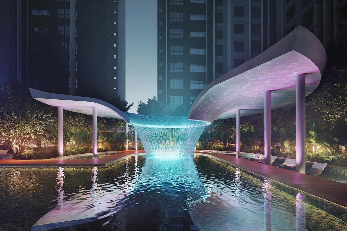 Artist's impression of the Rainforest Canopy at Trinity Rainfora, a curved white canopy with a waterfall falling into a lit infinity pool at dusk
