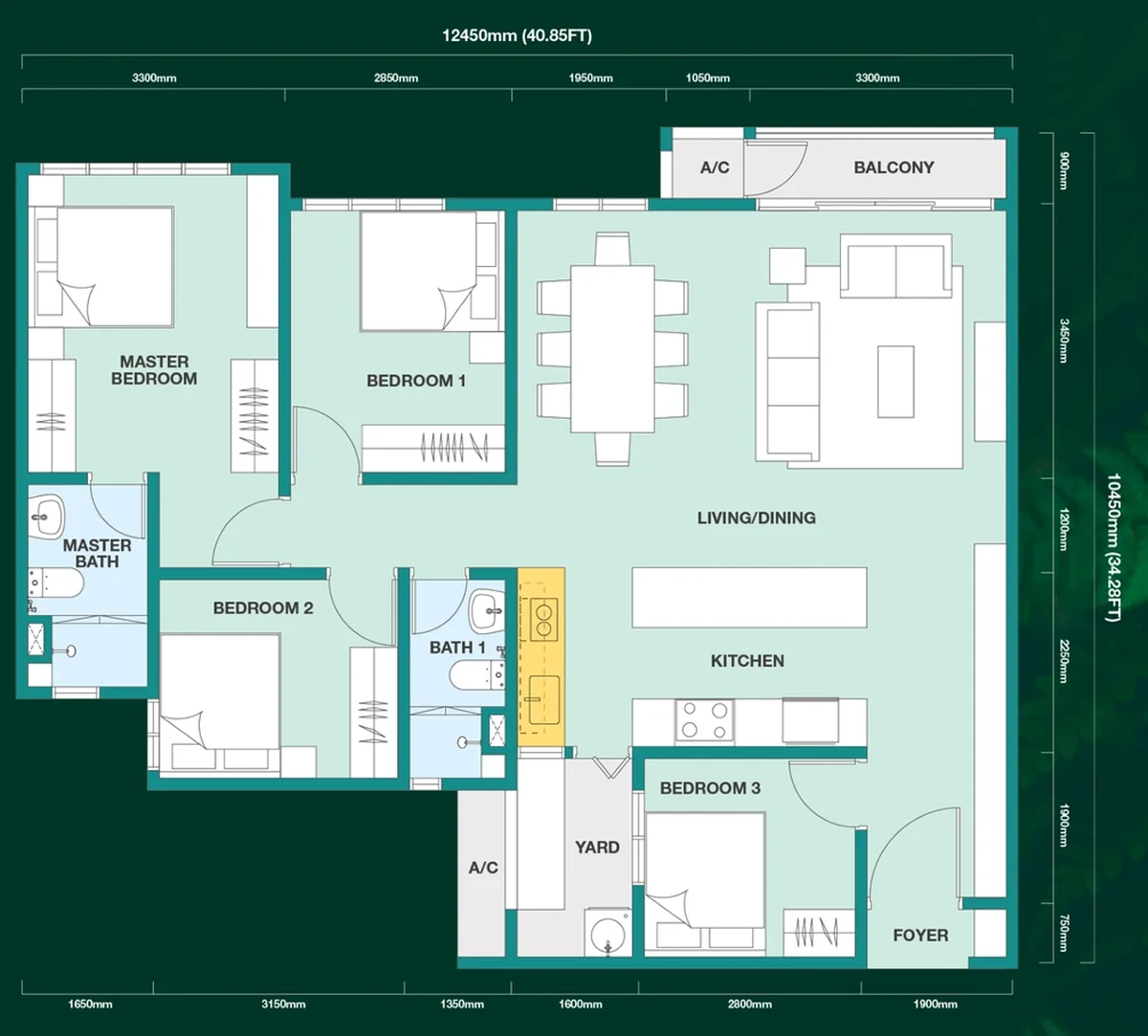 Trinity Rainfora Type G floor plan, 1,184 square feet, four bedrooms, two bathrooms, one balcony