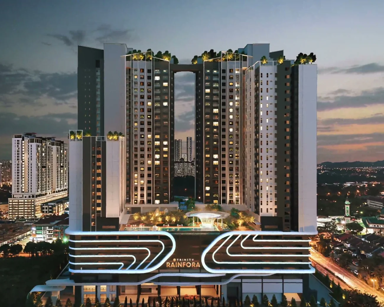 Artist's impression of Trinity Rainfora at dusk, two towers with planted sky terraces above a lit podium in Bandar Kinrara