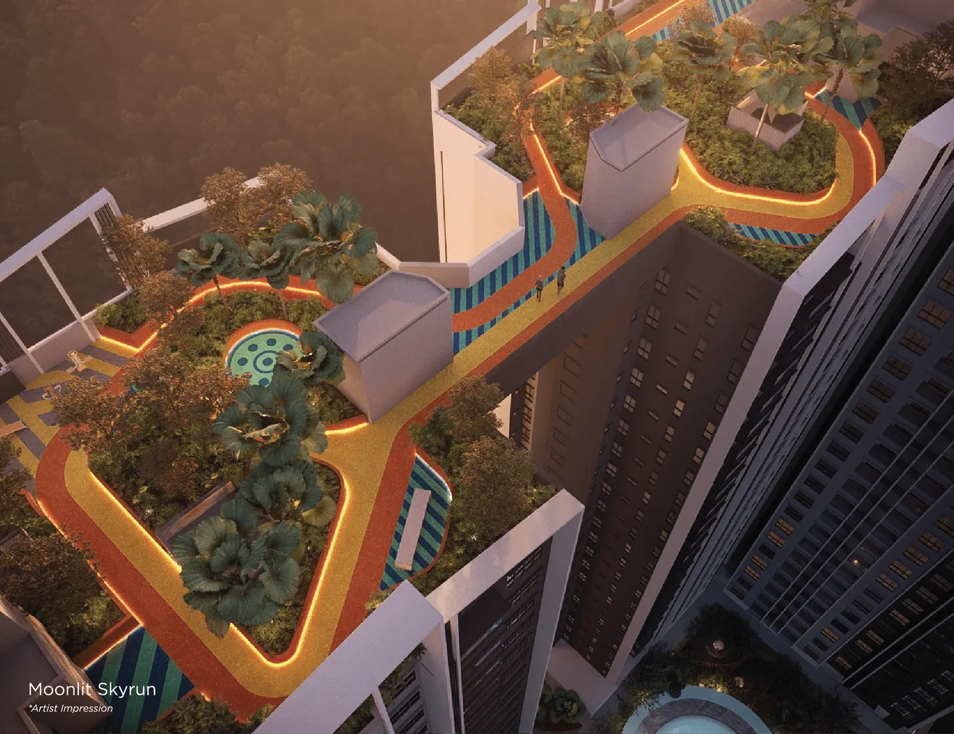 Artist's impression of the Moonlit Skyrun, a lit rooftop running loop through planted terraces at Trinity Rainfora